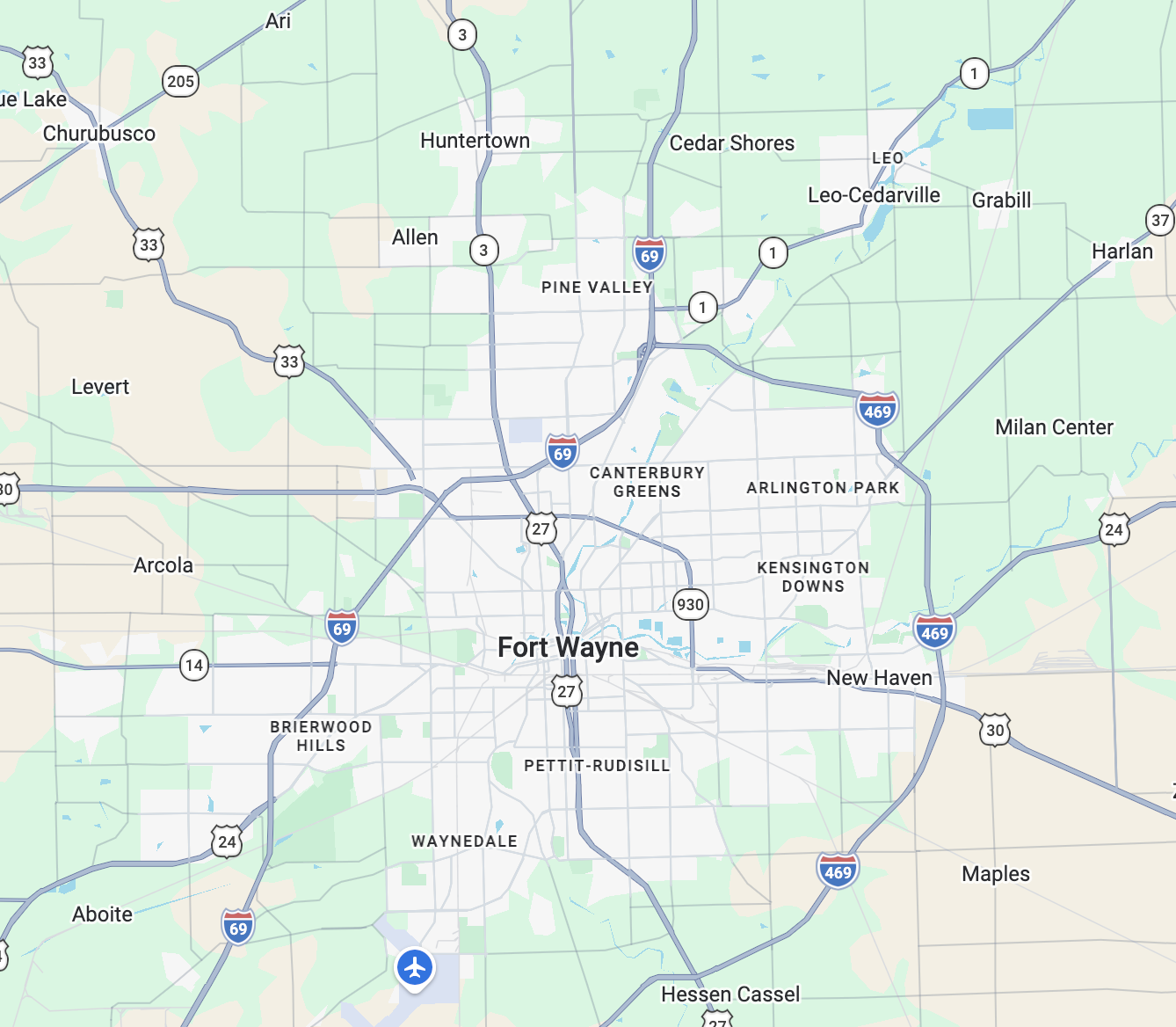 Map of the Fort Wayne, Indiana area including Leo, Huntertown, New Haven, Grabill and Auburn