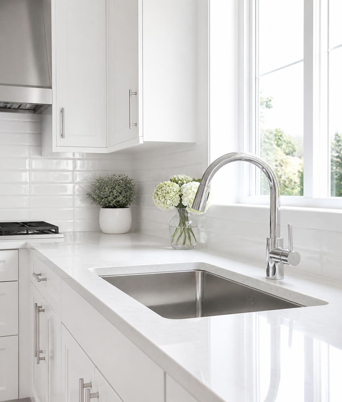 Sparkling clean white kitchen countertops and sink after a deep cleaning