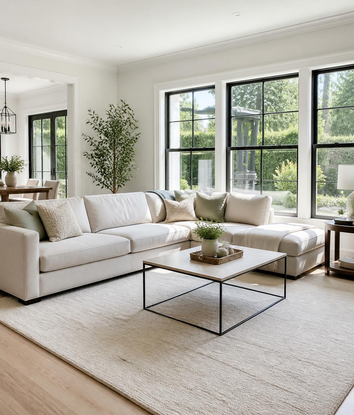 Bright, sunlit living room with a white sofa in a freshly cleaned Fort Wayne home