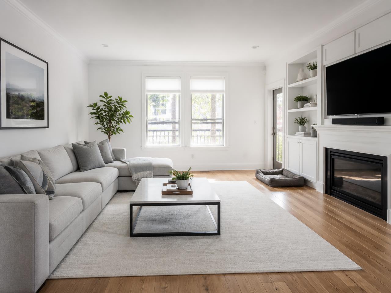 Bright, spotless living room with a tidy pet bed in the corner