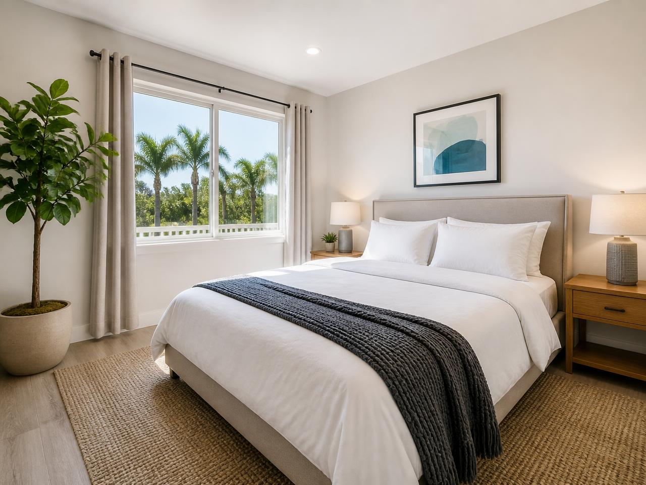 Guest-ready short-term rental bedroom with crisp white linens