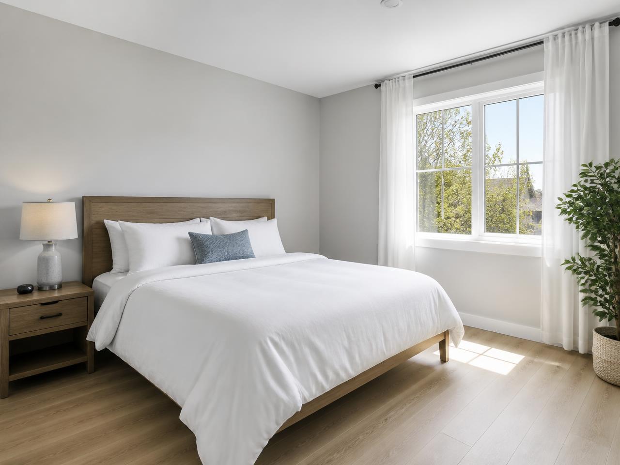 Bright, sunlit bedroom with crisp white bedding after a standard cleaning