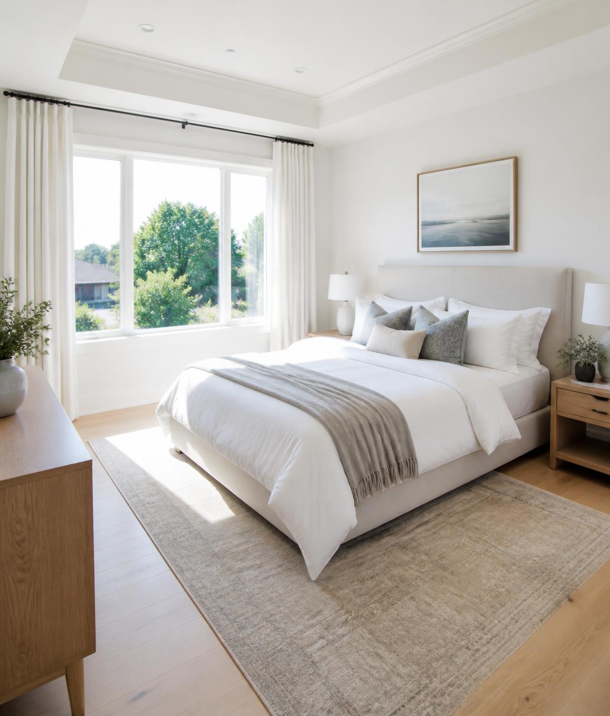 Bright, clean bedroom with morning sunlight